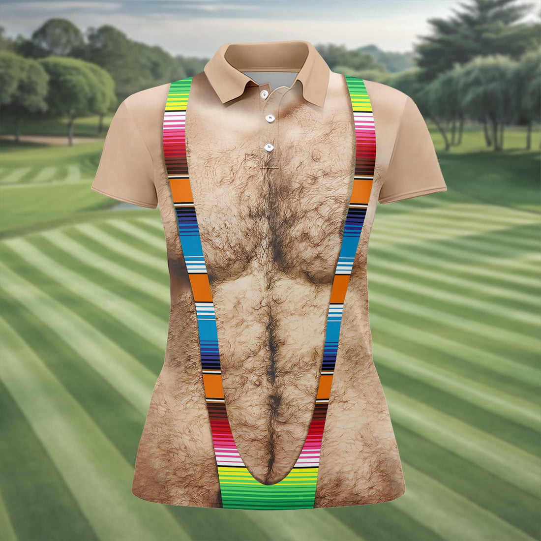 Hairy Body Serape Pattern Funny Cinco De Mayo Ladies Golf Tops, Golf Shirt For Women