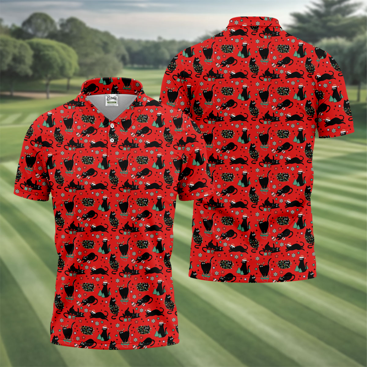 Xmas Black Cat Red Golf Shirt, Polo ShirtFor Men, Christmas Golf Shirt, Golf Gift For Men, Christmas Golf Gift