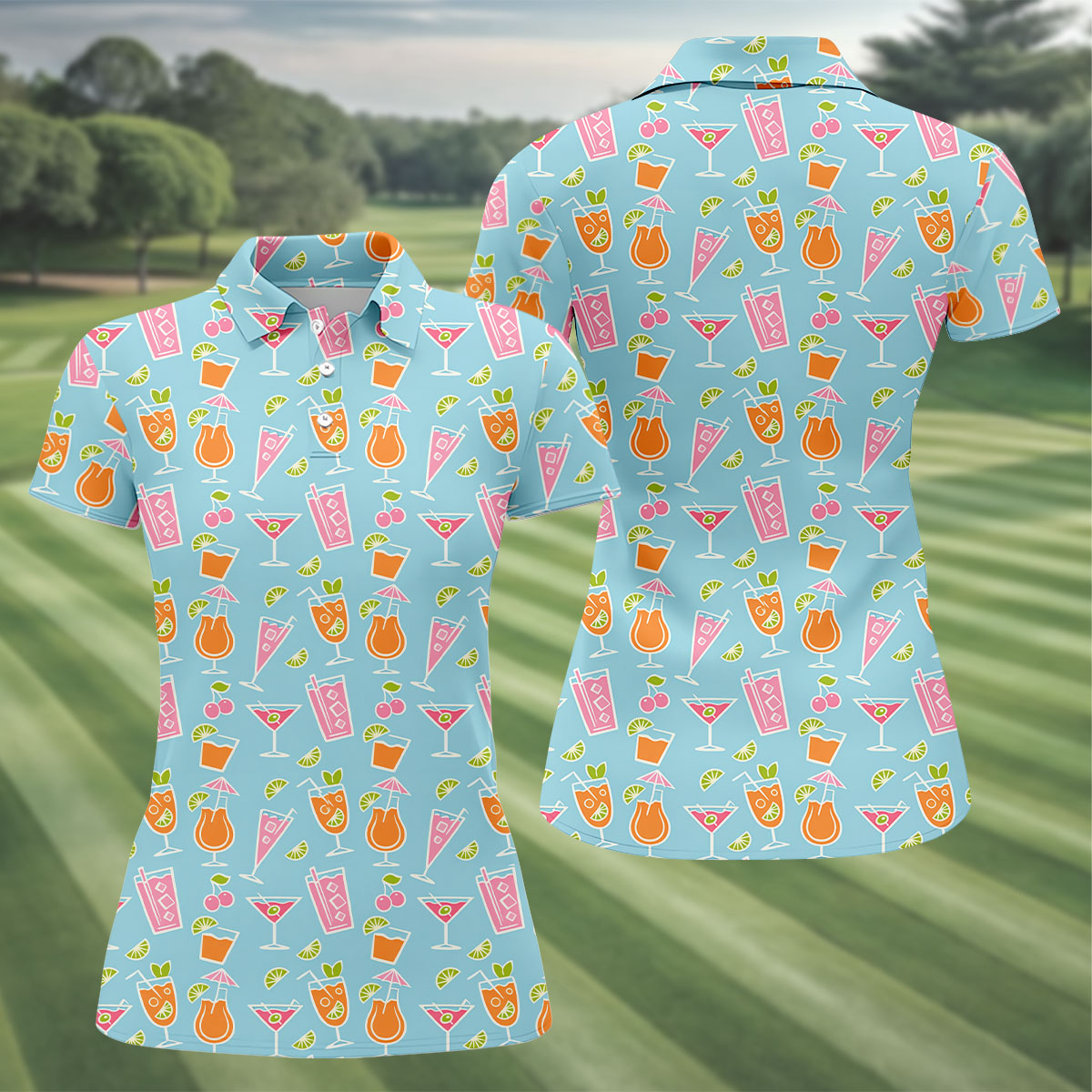 Tropical Cocktail Drinks Pattern Golf Shirt, Women’s Golf Apparel, Golf Tops For Women
