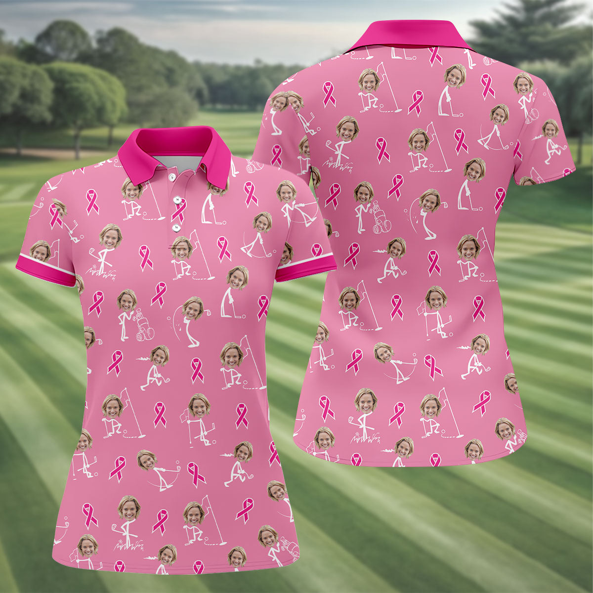 Funny Stick Figure Women's Golf Shirt, Custom Face Shirt, Breast Cancer Awareness Shirt, Pink Golf Shirt
