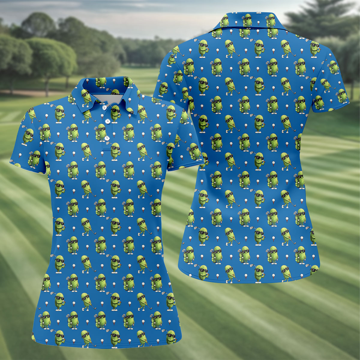 Cartoon Cactus Golfer Blue Golf Shirt, Women’s Golf Polo, Golf Tops For Women, Printed Golf Shirt