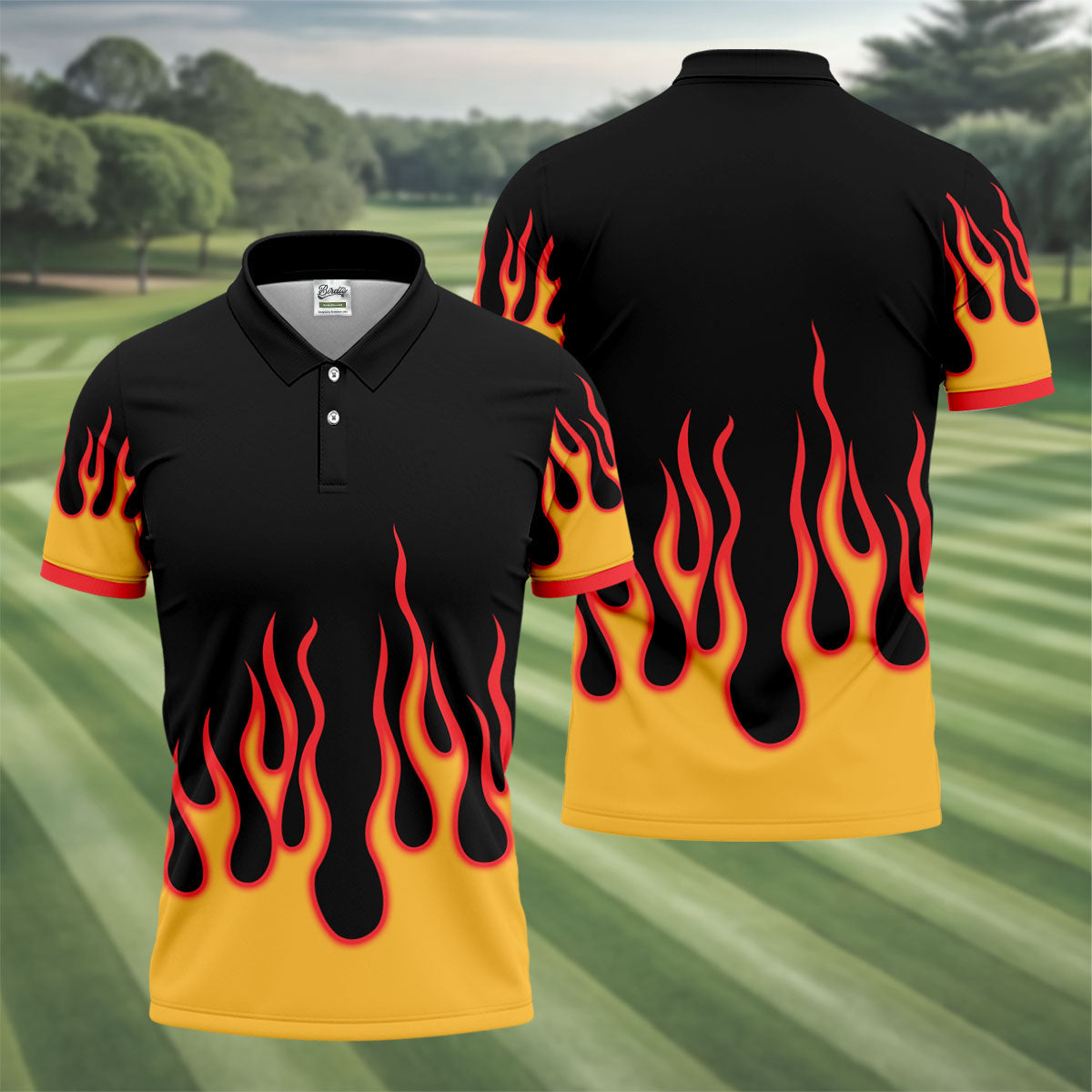 Retro Flame Fire Pattern Design Hawaiian Golf Shirt, Golf Shirts For Men, Polo Shirts For Men
