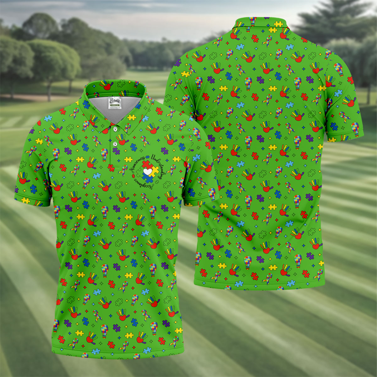 Awareness Understanding Acceptance Autism Ribbon Green Golf Shirt, Autism Awareness Colors Golf Shirts For Men
