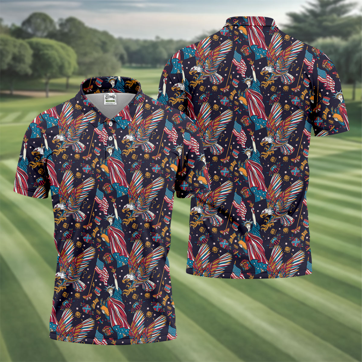 Patriotic American Eagle With Flag Statue Of Liberty Pattern 250th Anniversary Golf Shirts For Men