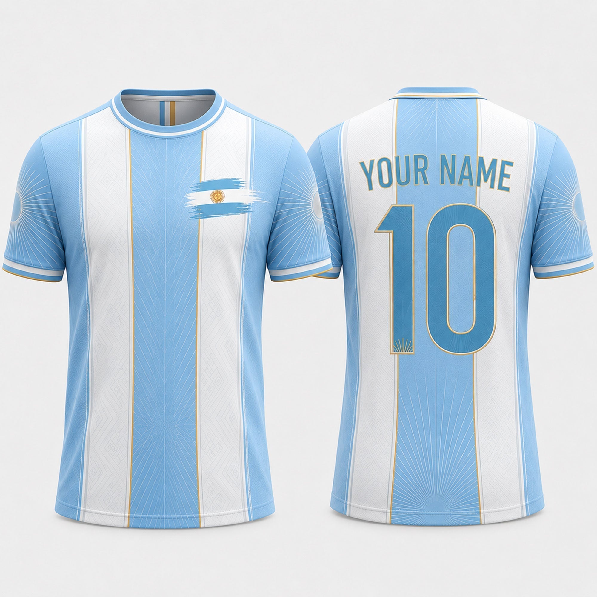 Argentinian Flag Sun Fooball Shirt, White Blue Stripes V-Neck For Men, Football Gifts