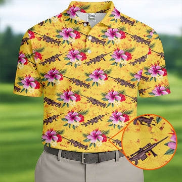 Floral Pattern Army Theme Hawaiian Yellow Golf Shirt, Men's Golf Polo Shirtlf Shirts For Men