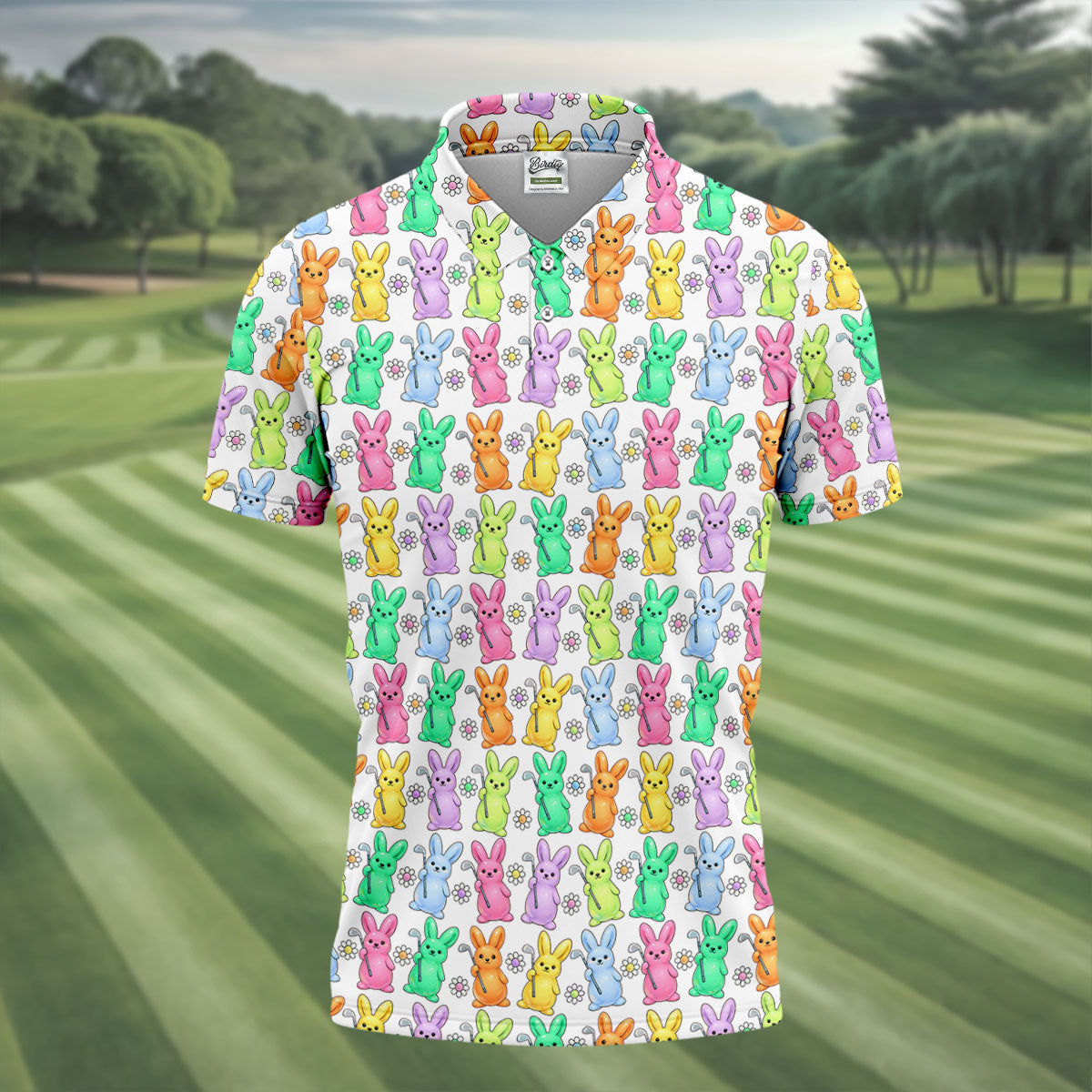 Colorful Easter Bunny White Golf Shirt, Cute Golf Outfit, Golf Shirts For Men, Golf Gift For Men