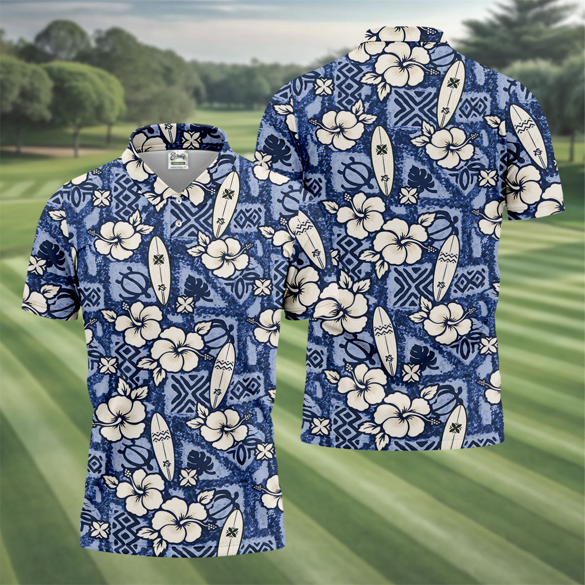 Blue Hawaiian Surfboard Hibiscus Design Hawaiian Golf Shirt, Golf Shirts For Men, Polo Shirts For Men