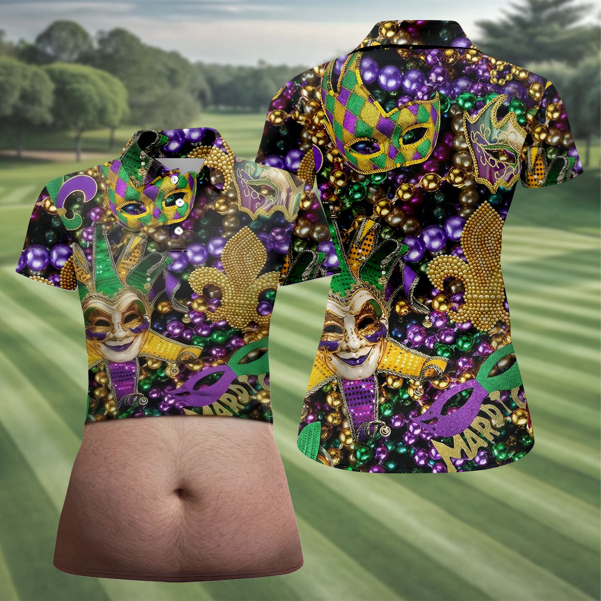 Mardi Gras Purple Green Gold Fleur De Lis Jester Mask Funny Tummy Women's Golf Tops, Fun Women's Golf Shirts