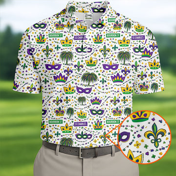 Crown Mask Fleur De Lis Mardi Gras Golf Shirt, Golf Tops For Men, Polo ShirtFor Men, Golf Shirts For Men