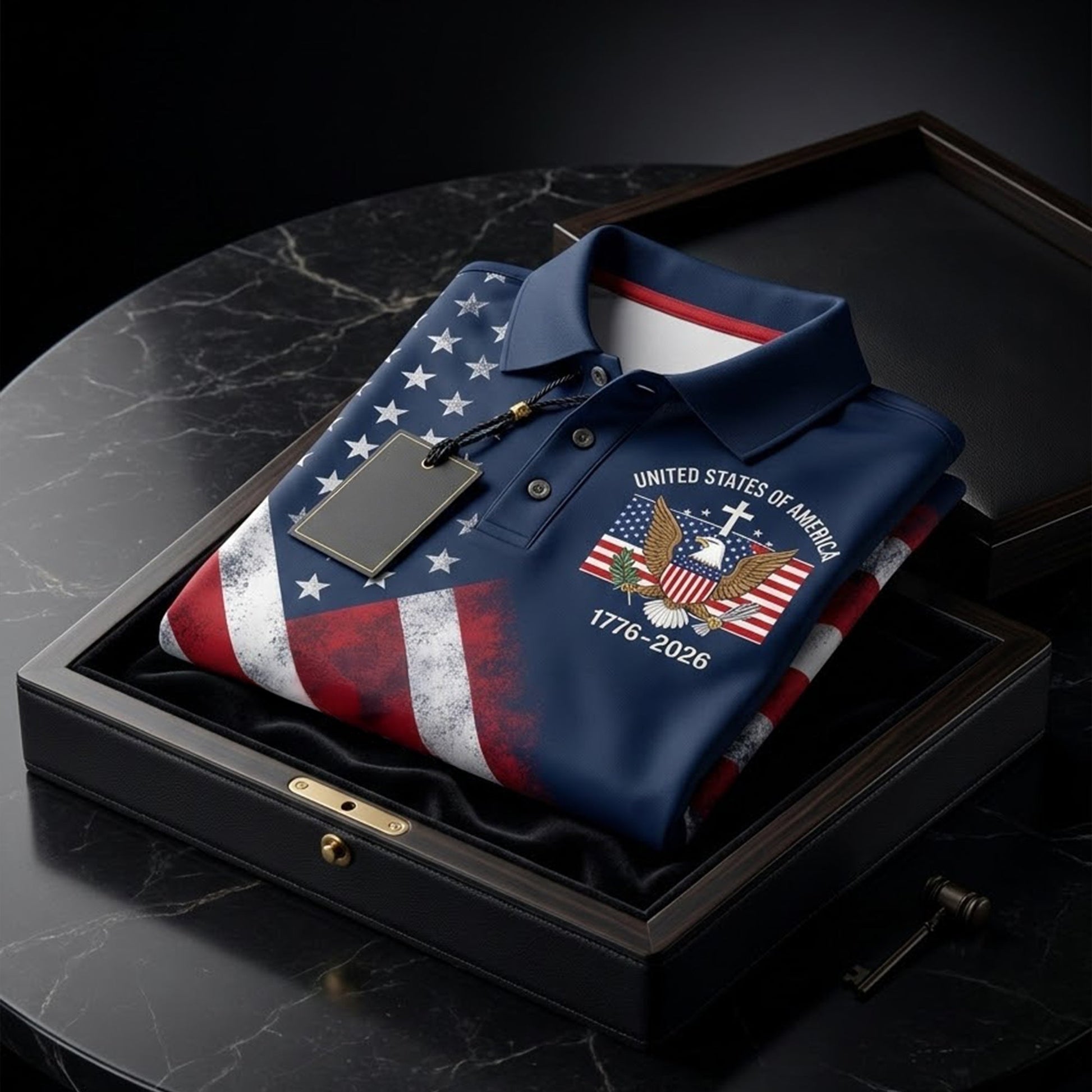 US Bald Eagle Distressed Flag 250 Faith Cross Golf Tops For Men, Patriotic 4th Of July Golf Shirts For Men
