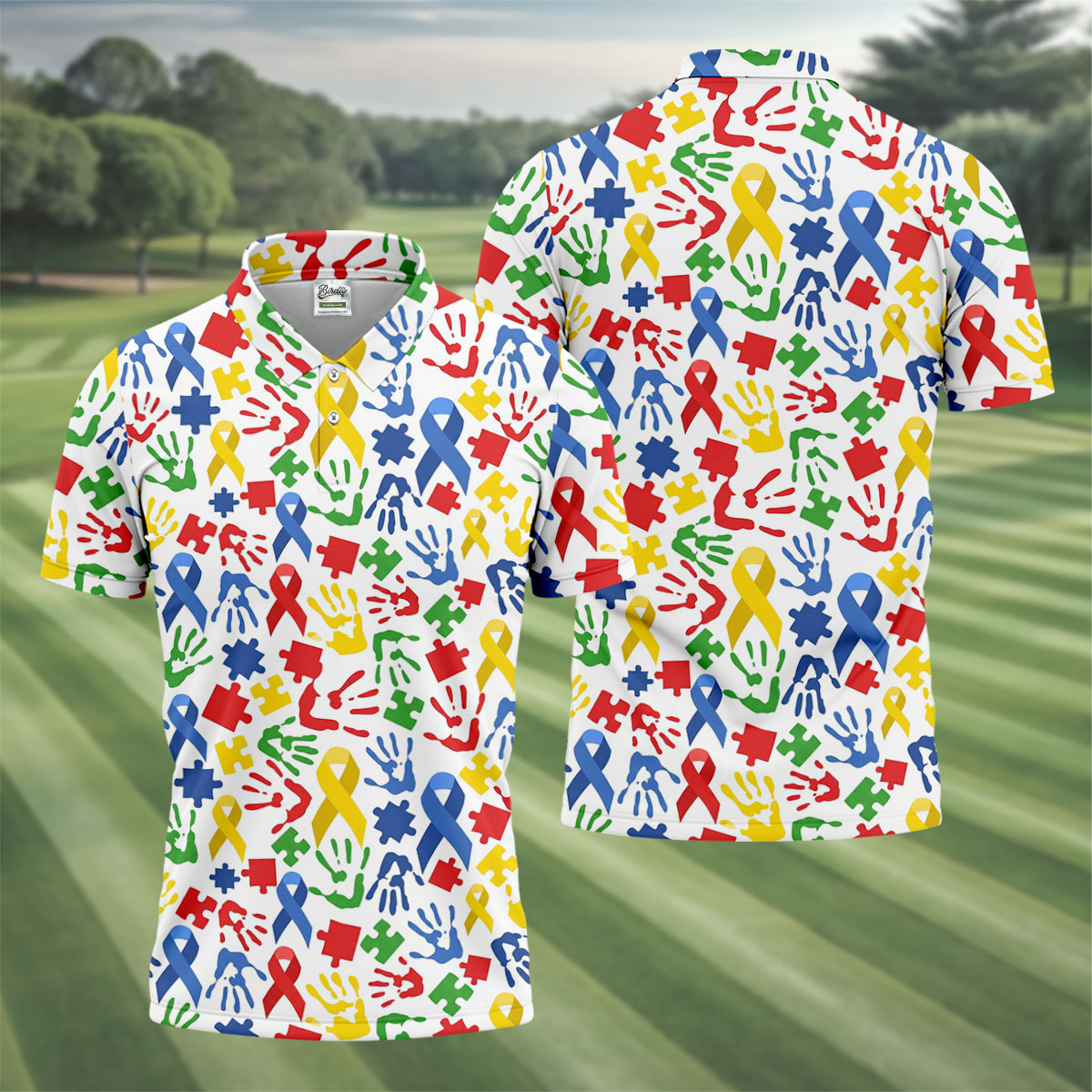 Autism Ribbon Colorful Puzzle Pieces Handprints Golf Tops For Men, Polo ShirtFor Men, Golf Shirts For Men