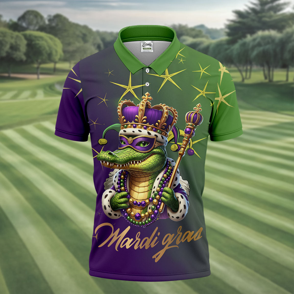 Mardi Gras Aligator Crown Mask Purple Green Gold Golf Tops For Men, Polo ShirtFor Men, Golf Shirts For Men