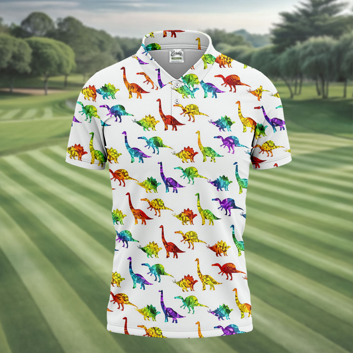 Colorful Dinosaur White Golf Shirt, Golf Tops For Men, Golf Shirts For Men, Polo ShirtFor Men