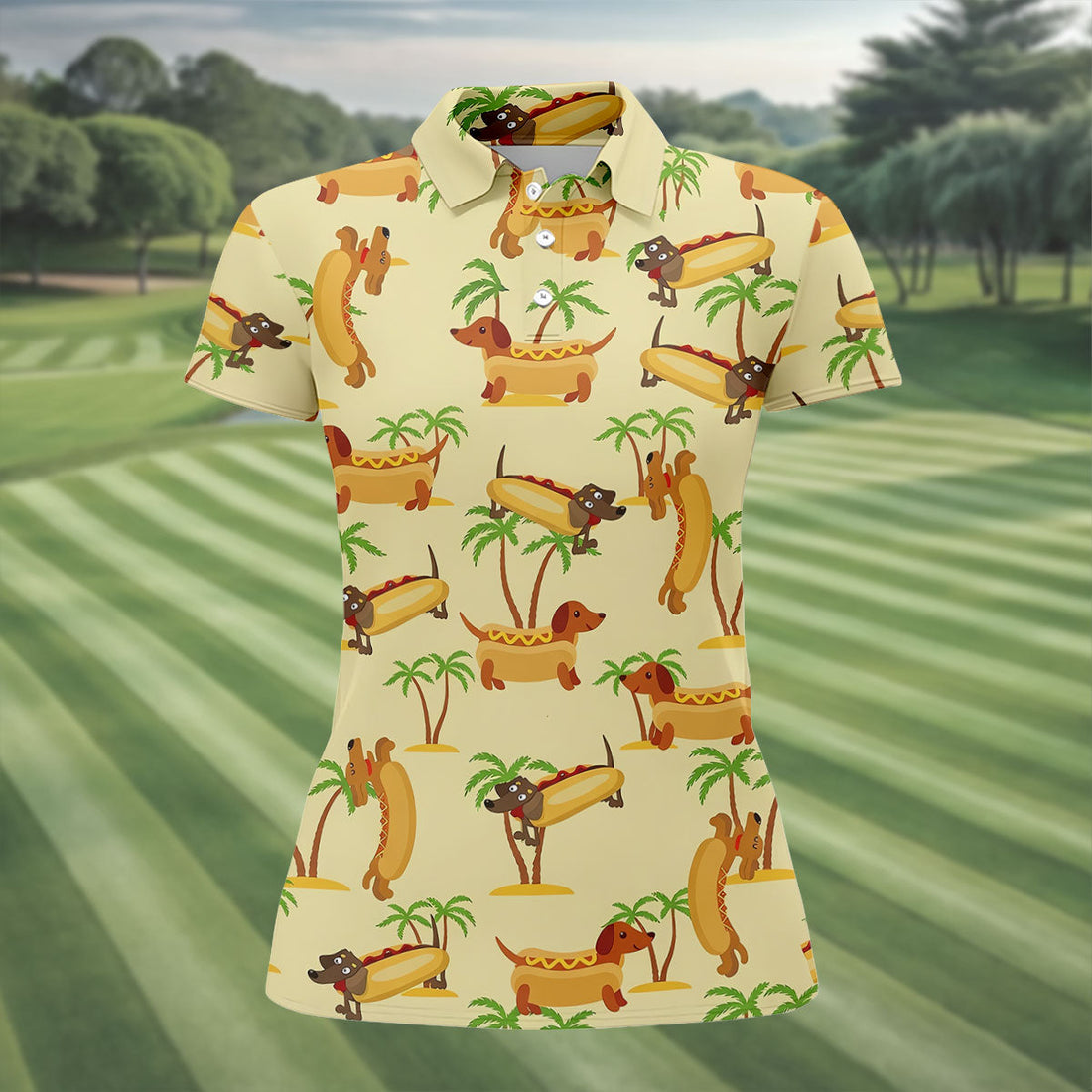 Funny Hot Dog Dachshund Tropical Hawaiian Golf Shirt, Golf Polo For Women, Printed Golf Shirt