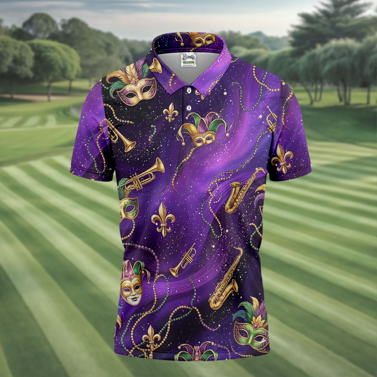 Golden Fleur De Lis Trumpet And Saxophone Mardi Gras Masquerade Mask Purple Golf Shirt, Golf Shirts For Men