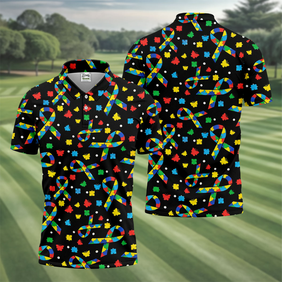 Autism Awareness Ribbon Colorful Butterflies Black Golf Shirt, Golf Tops For Men, Golf Shirts For Men