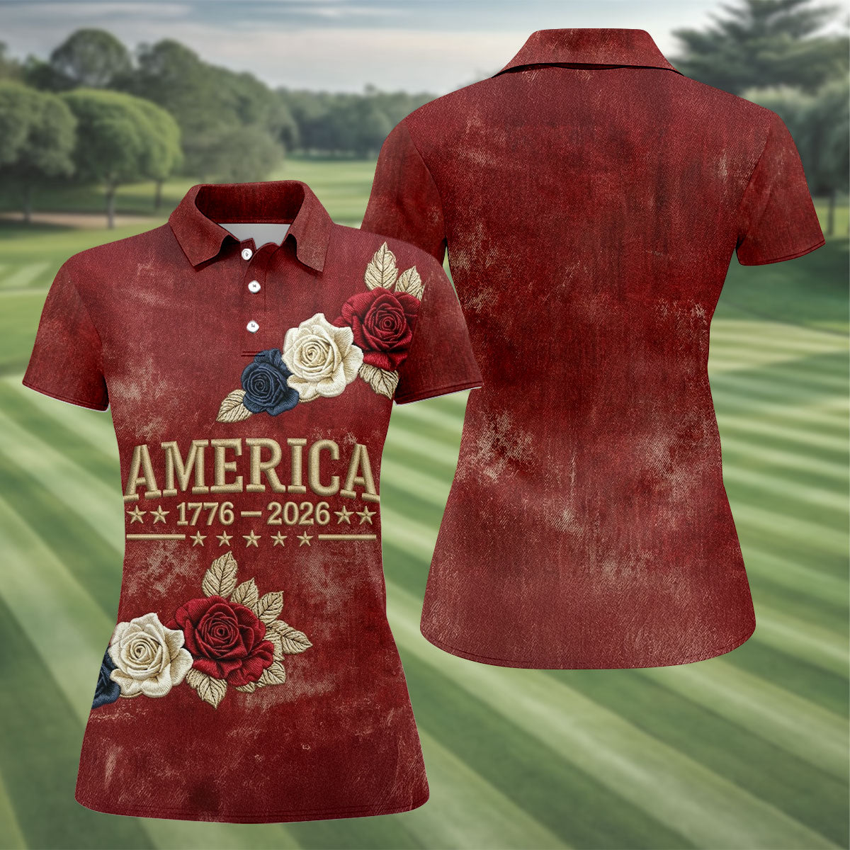 America 1776-2026 Patriotic Roses Vintage Golf Shirt, 250 Years 4th Of July Golf Shirt For Women