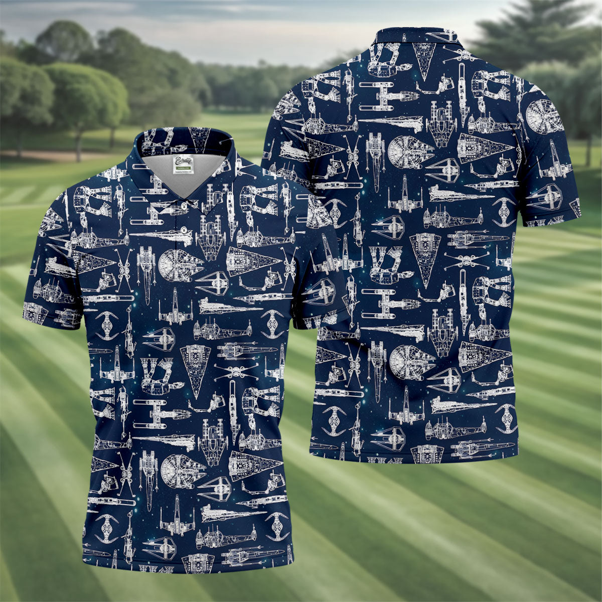 Line-art Sketches Sci-Fi Spacecraft Dark Navy Golf Shirts For Men, Polo ShirtFor Men, Golfing Apparel
