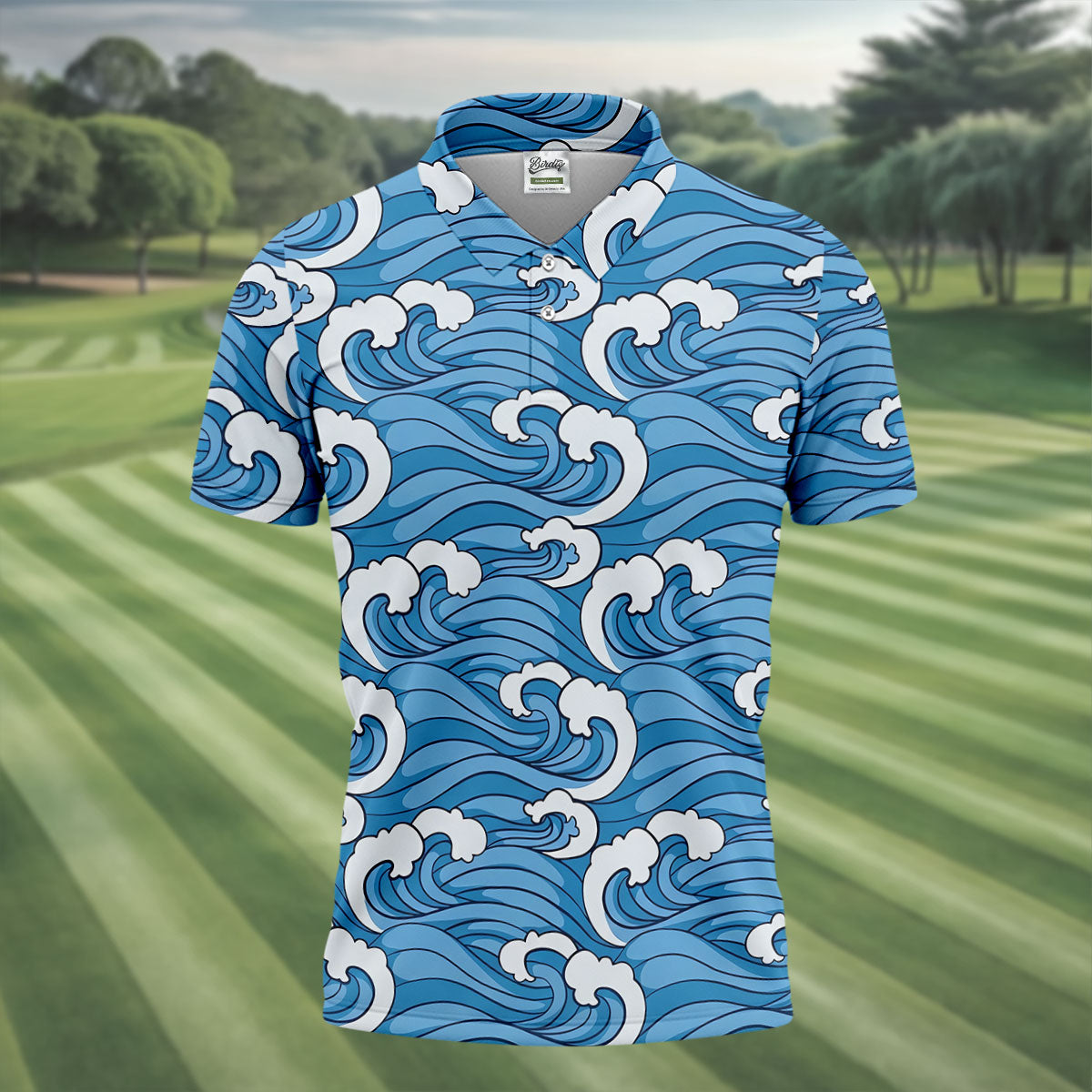 Japanese Wave Golf Shirt, Ocean Wave Pattern Men's Golf Polo, Polo Shirts For Men