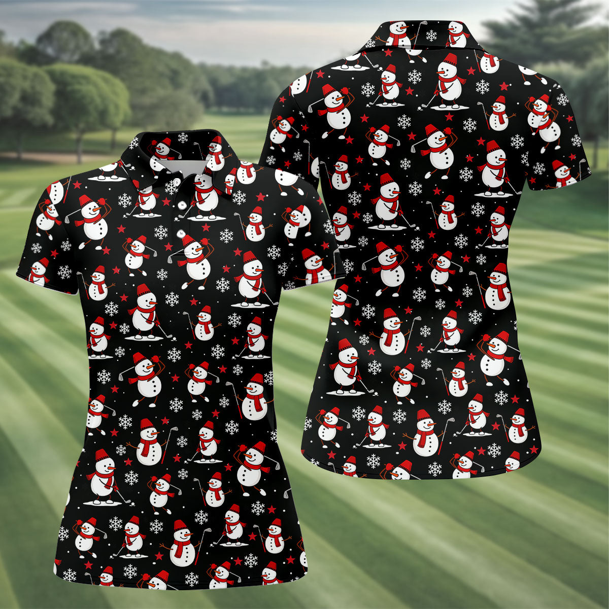 Cute Snowman Golf Pose Black Golf Shirt, Christmas Golf Shirt, Ladies Golf Shirts, Golf Gifts For Women