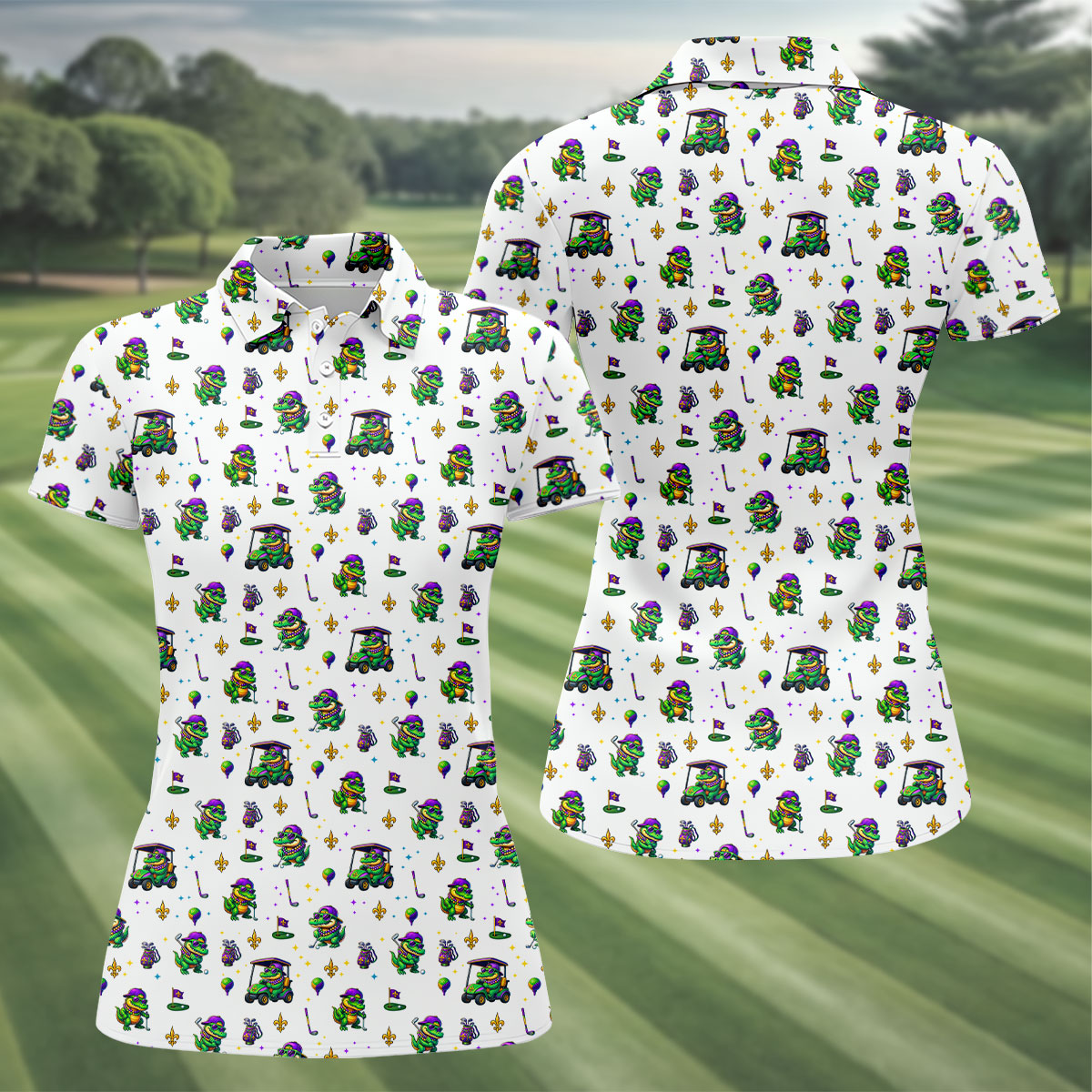 Funny Crocodile Mardi Gras Golf Shirts, White Golf Shirt, Festive Women Golf Top, Ladies Golf Shirts