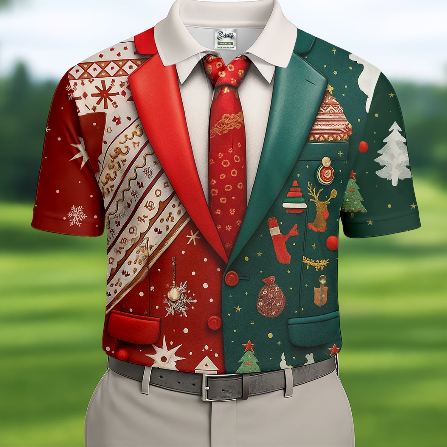 Red And Green Xmas Vintage Prints Men's Golf Polo Shirttmas Golf Shirt, Golf Gift For Men