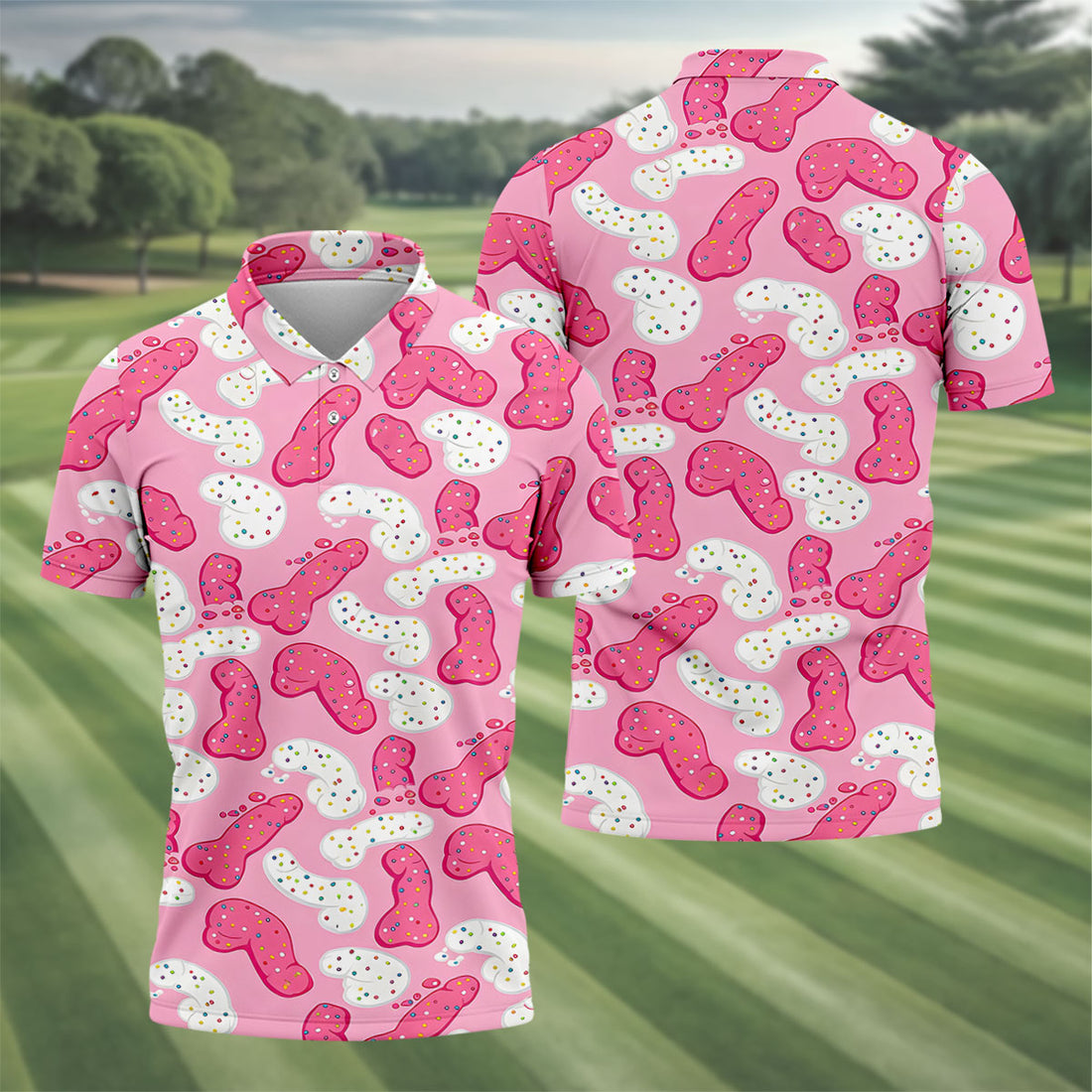Pink Frosted Cookie Adult Novelty Golf Shirt, Polo Shirts For Men, Golf Apparel For Men