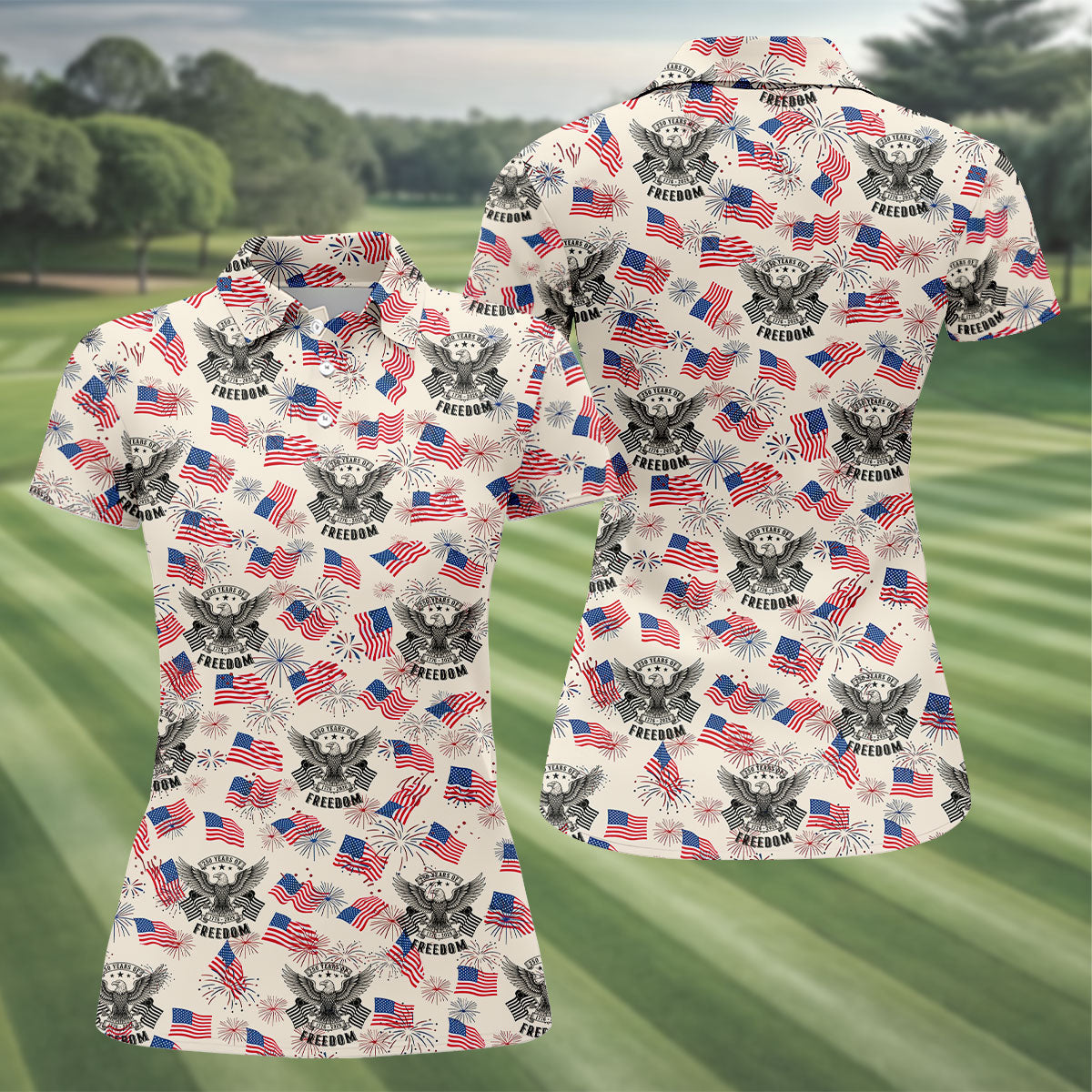 250 Years Of Freedom Festive Flag Vintage Beige Golf Shirt, Patriotic 4th Of July Golf Shirt For Women