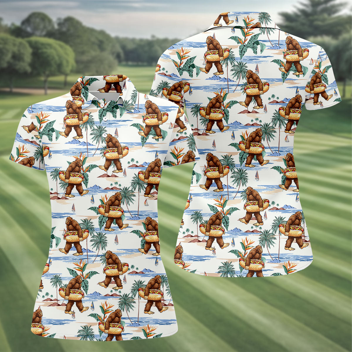 Bigfoot Hot Dog Beach Hawaiian Shirt, Women’s Golf Polo, Golf Tops For Women, Women’s Golf Apparel