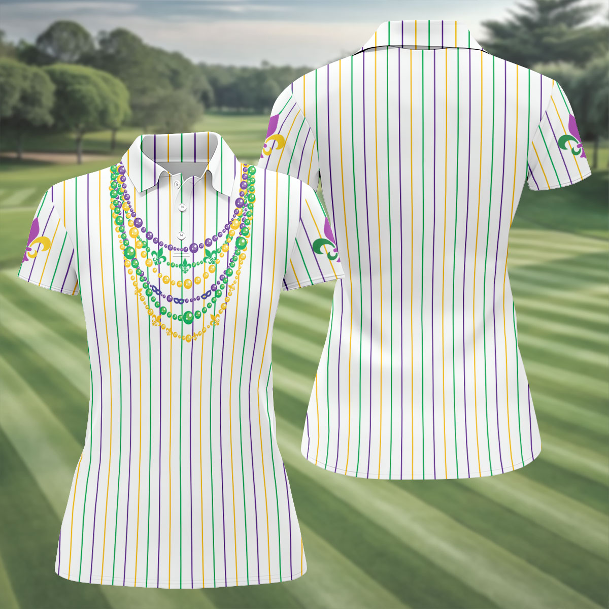 Mardi Gras Beads Necklaces Print White Golf Shirt, Women's Golf Shirts, Ladies Golf Polos, Golf Shirt For Women