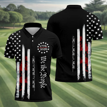 We The People Distressed Flag Patriotic Black Golf Shirt, 250 Years 4th Of July Golf Shirts For Men