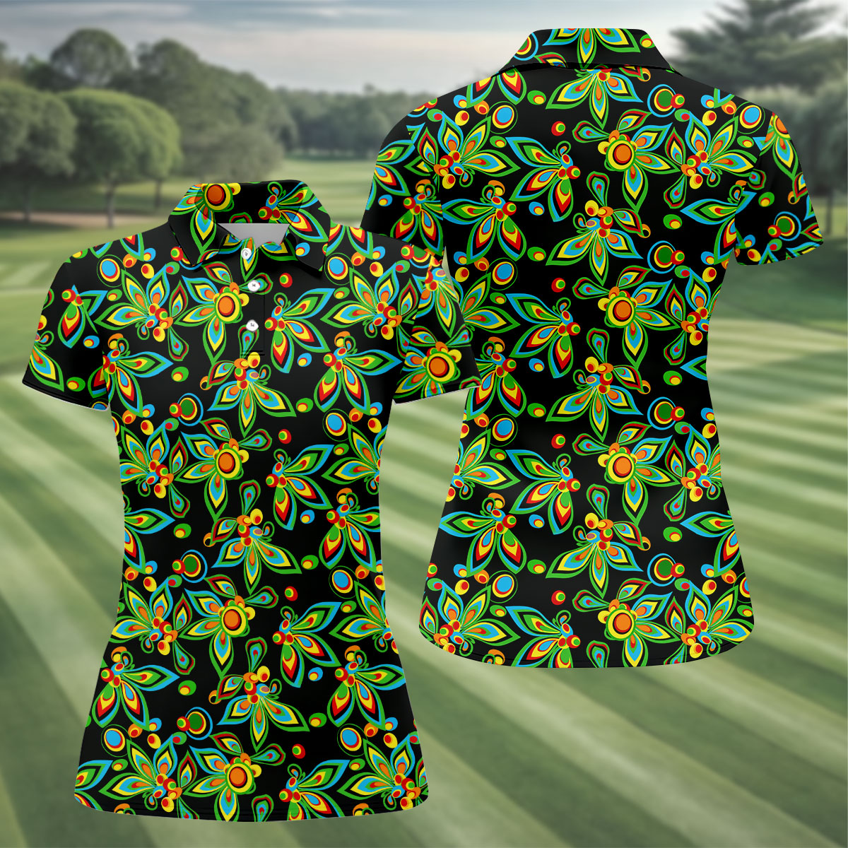 Black Colorful Floral Geometric Pattern Golf Shirt, Women's Golf Tops, Women’s Golf Apparel, Printed Golf Shirt