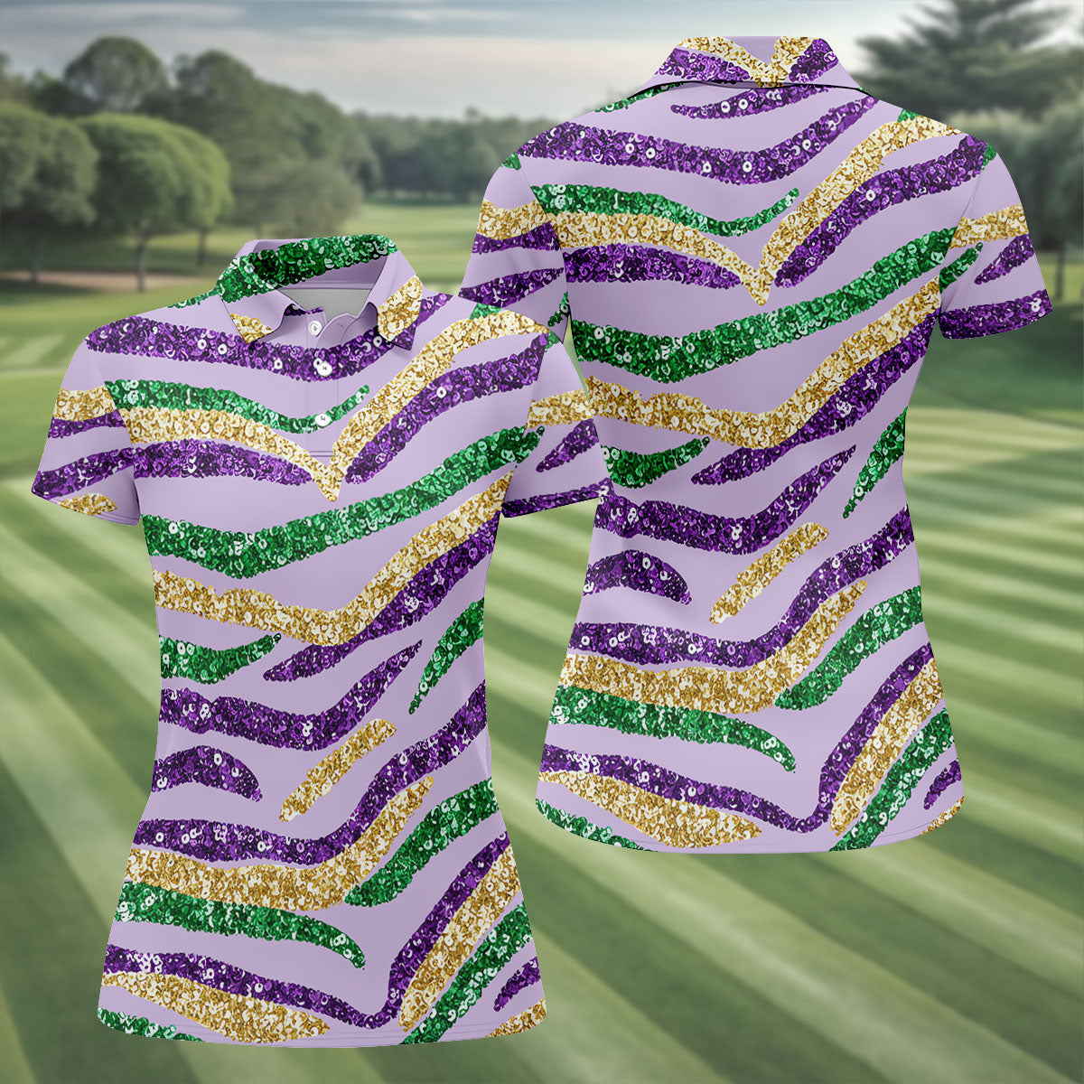 Purple Green Gold Sequin Pattern Light Purple Mardi Gras Golf Shirt, Women's Golf Tops, Ladies Golf Shirts
