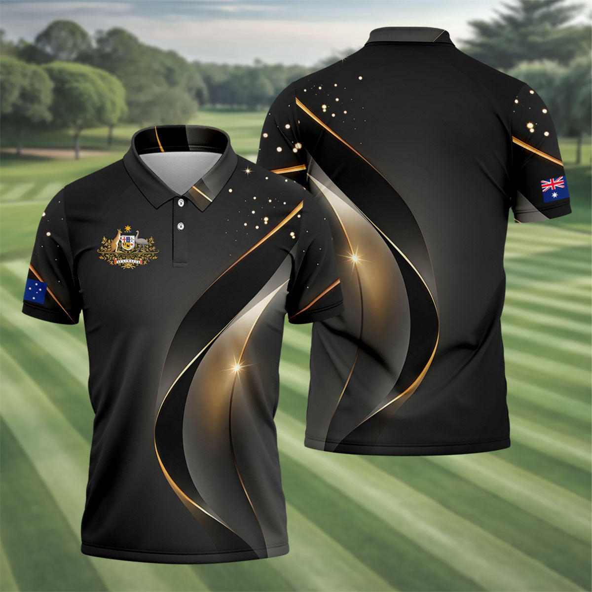 Australian Coat Of Arms Black And Gold Gradient Golf Tops For Men, Polo ShirtFor Men