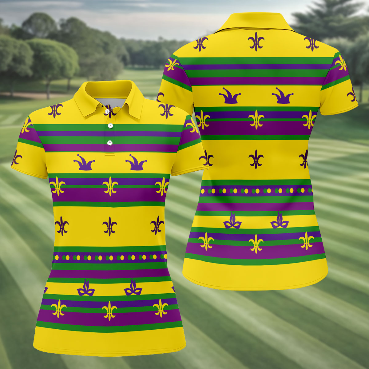 Mardi Gras Fleur De Lis Purple Green Gold Horizontal Stripes Women's Golf Shirts, Ladies Golf Polos