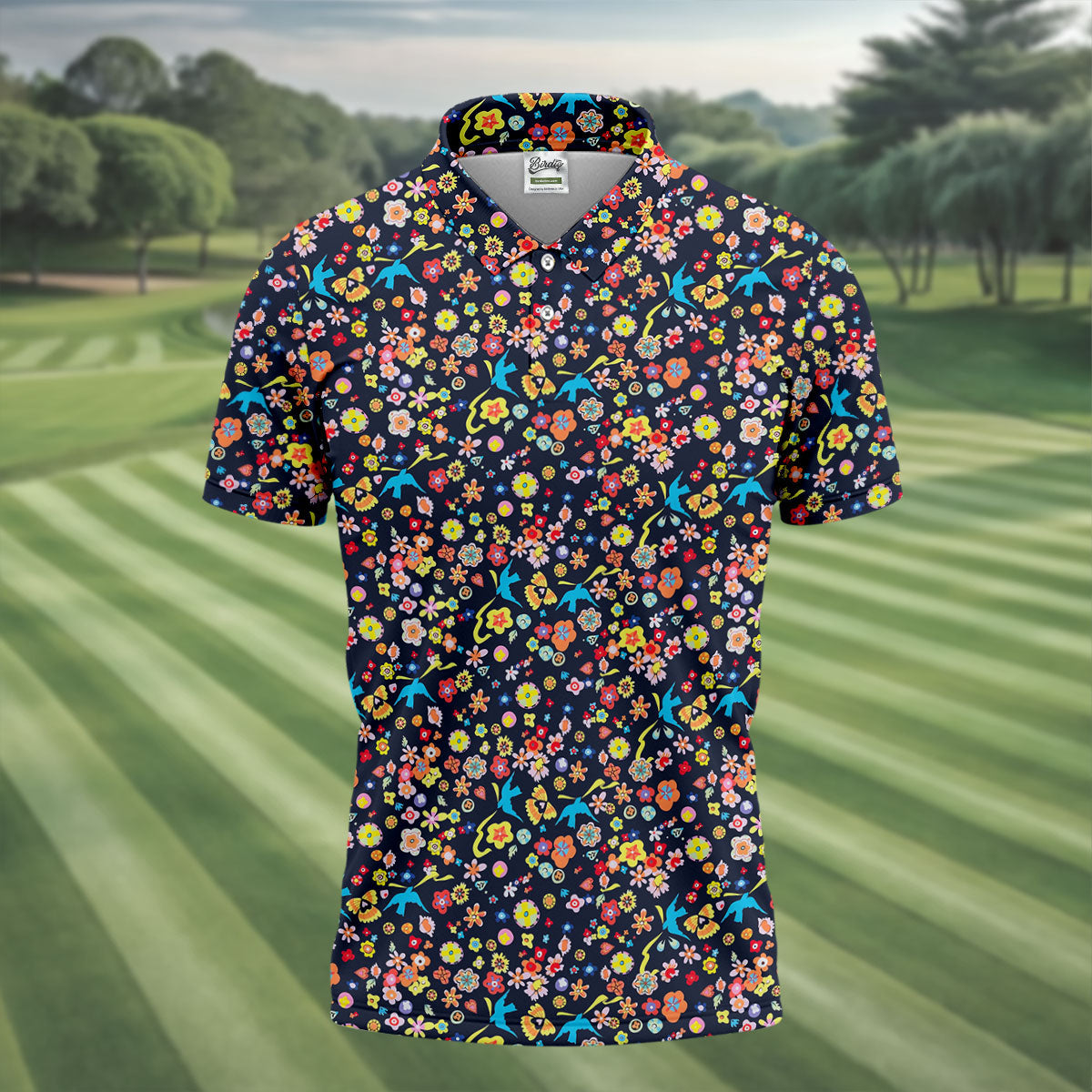 Colorful Floral Bird Garden Golf Shirt, Mens Golf Polo, Printed Golf Shirts