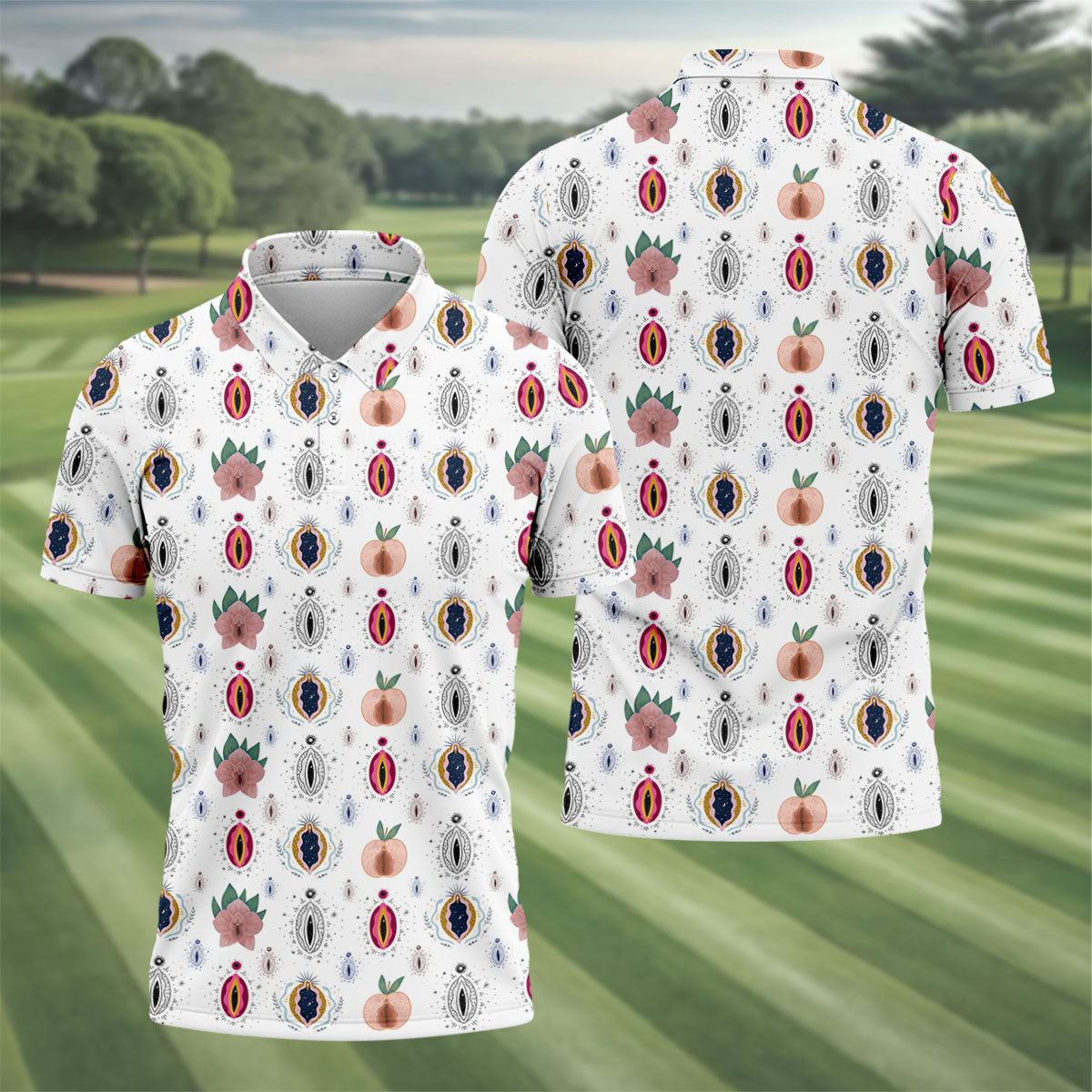 Abstract Peach Botanical Pattern Golf Shirt, Mens Golf Polo, Golf Apparel For Men