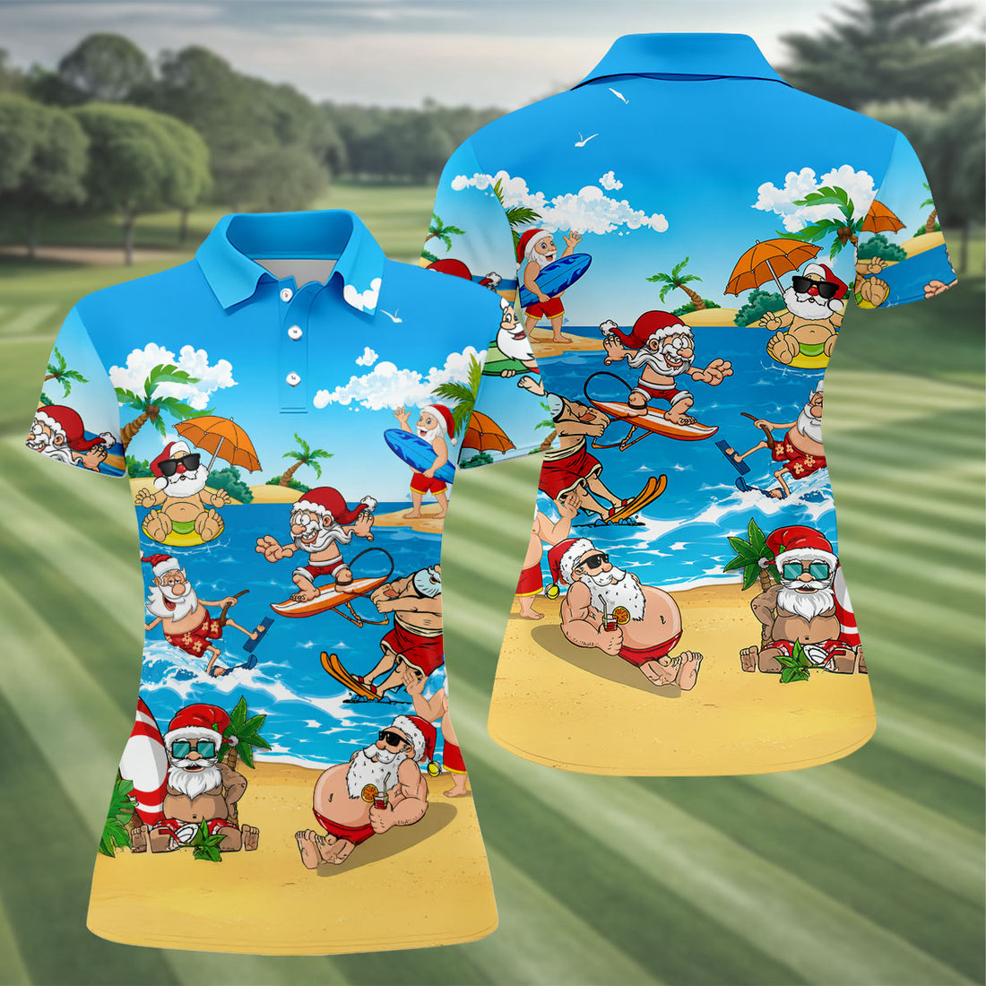 Santa Claus Summer Beach Party Golf Shirt, Golf Polo For Women, Printed Golf Shirt