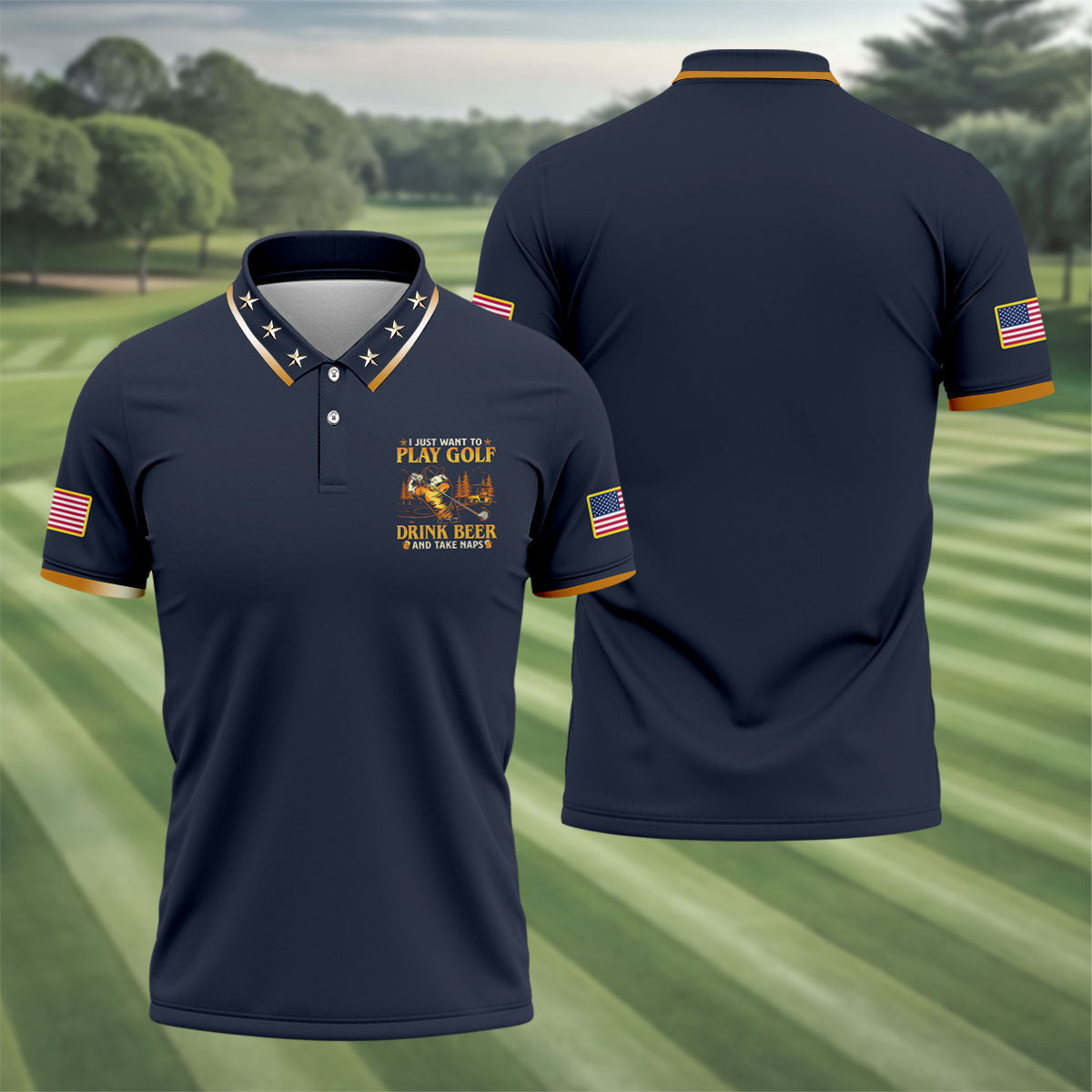 I Just Want To Play Golf Drink Beer And Take Naps Navy Golf Shirt, Men's Funny Golf Shirts