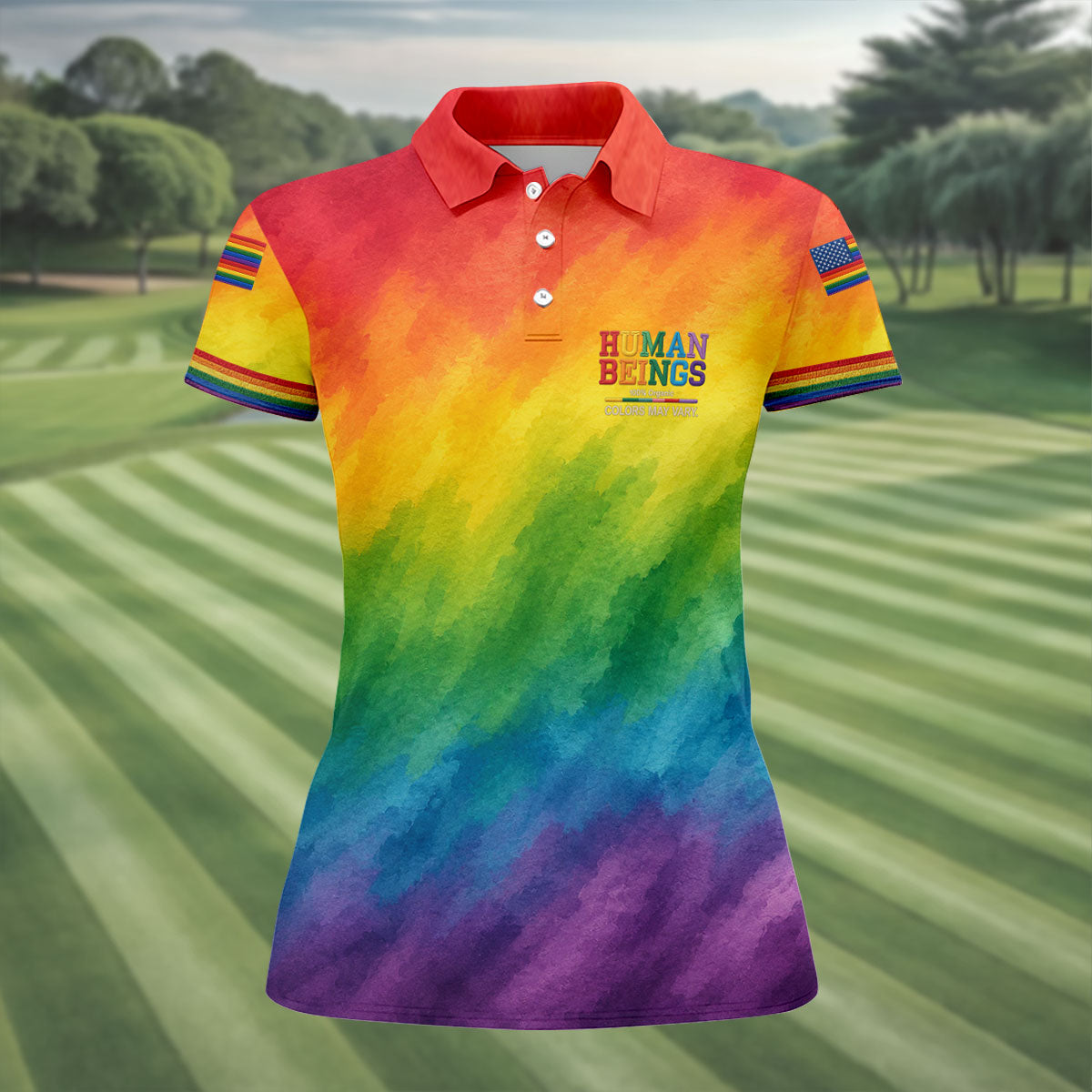 Human Beings LGBT Rainbow Women's Golf Tops, LGBT Pride Month Gradient Watercolor Ladies Golf Shirts