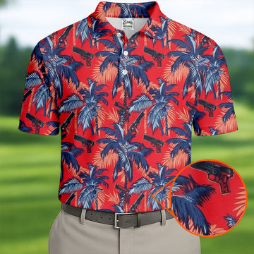Hawaiian Palm Tree Military Theme Red Golf Shirt, Golf Shirts For Men, Polo ShirtFor Men
