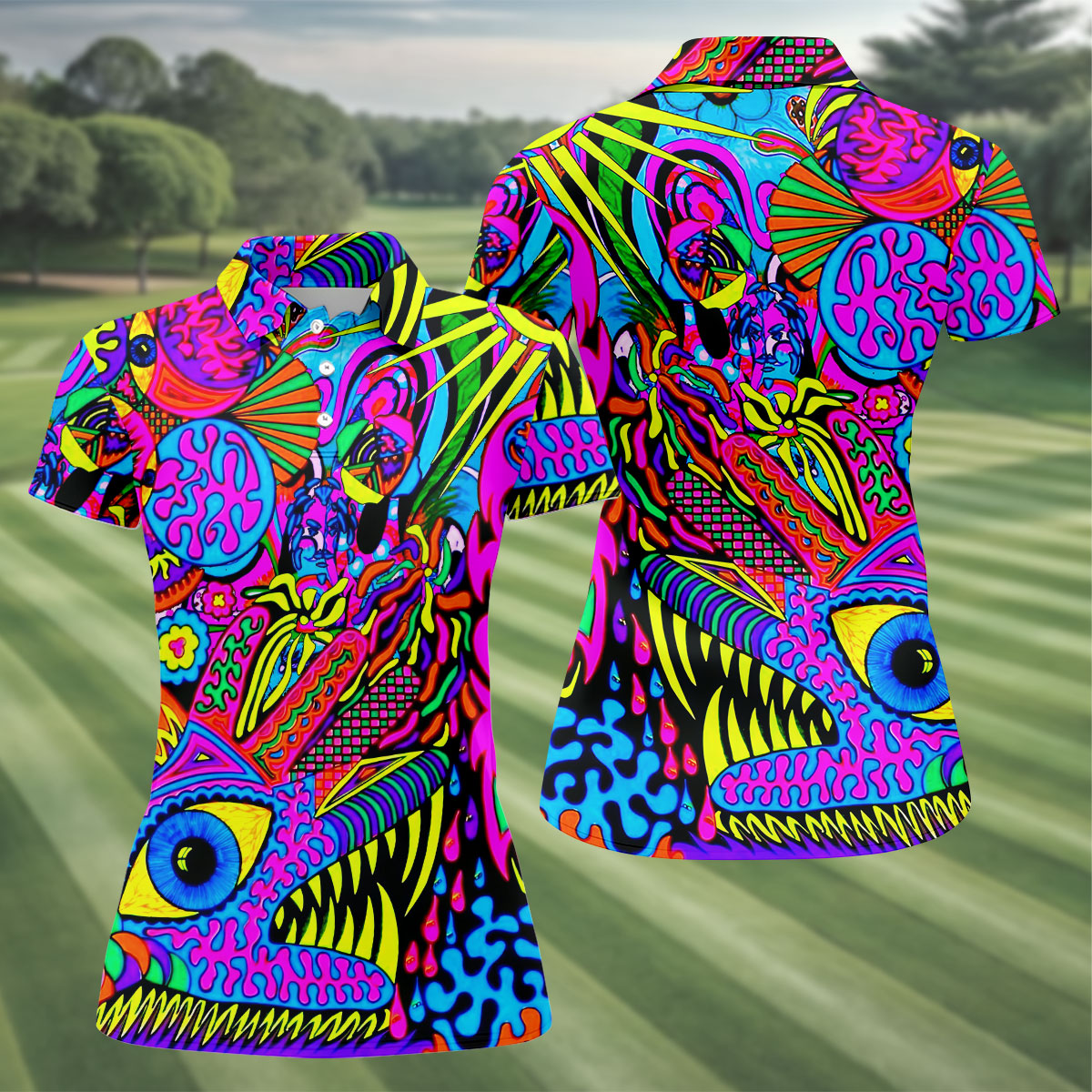 Neon Psychedelic Abstract Eye Pattern Golf Shirt, Women's Golf Tops, Women’s Golf Apparel, Performance Golf Shirt