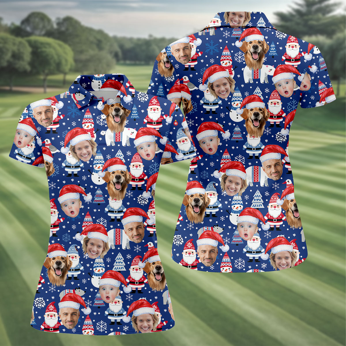 Custom Face Christmas Gnome Pattern Blue Golf Shirt, Christmas Golf Shirt, Women's Golf Tops, Ladies Golf Polos