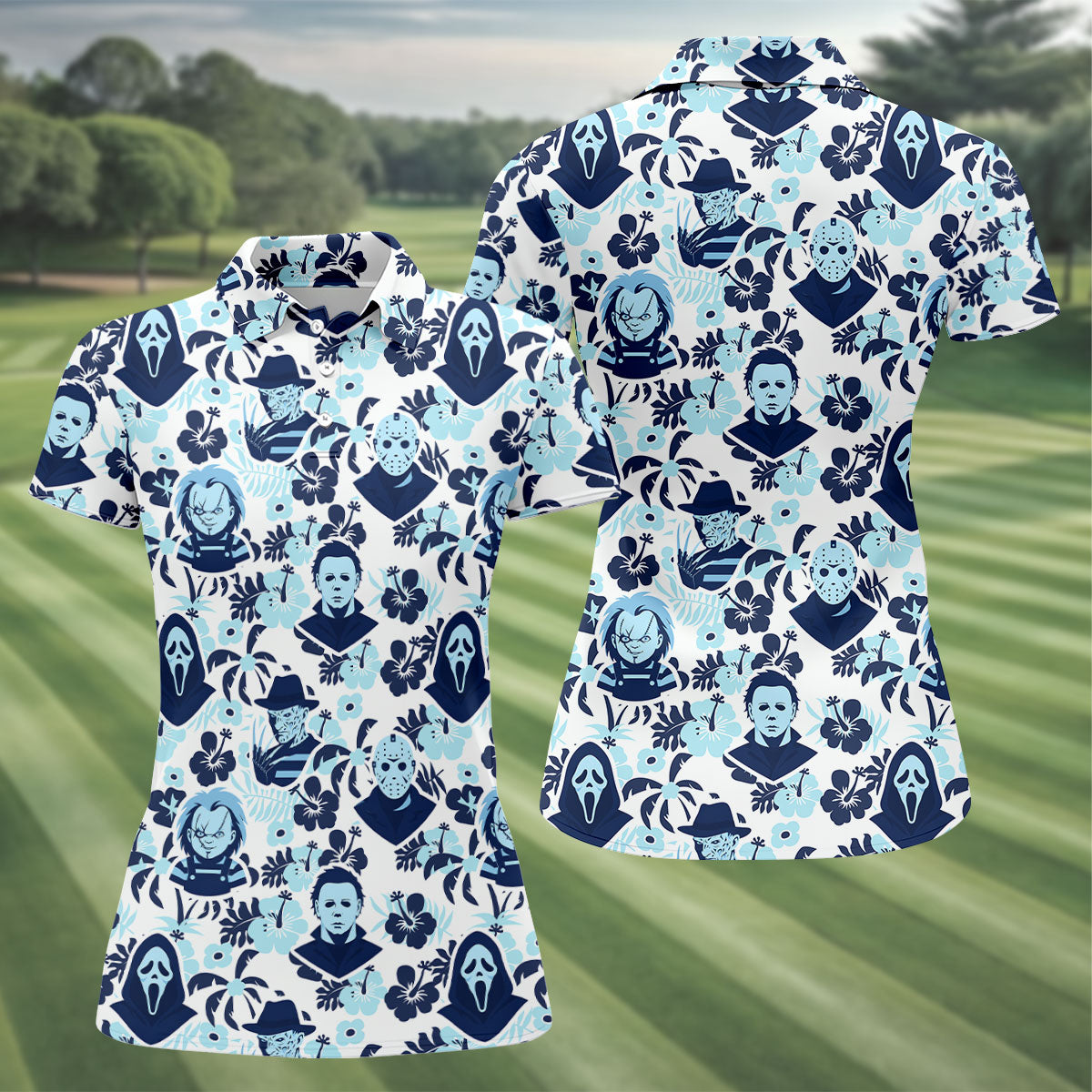Blue Tropical Horror Character Halloween Golf Shirt, Women's Golf Apparel, Printed Golf Shirt