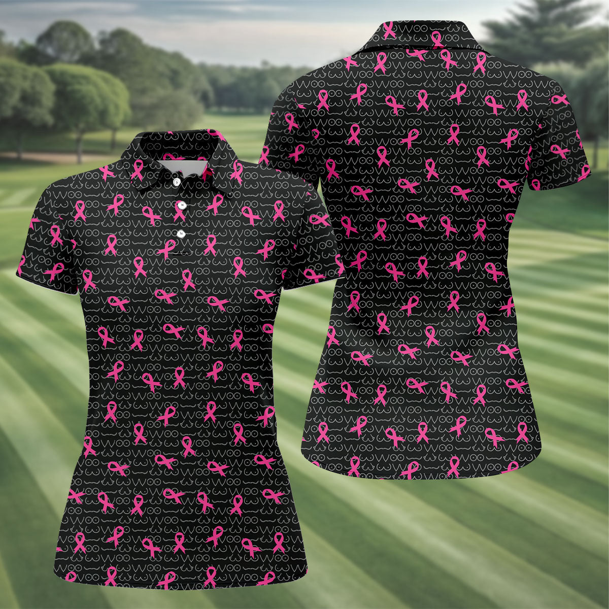 Black Golf Polo With Pink Ribbon, Women's Golf Polo ShirtBreast Cancer Awareness Shirt, Funny Golf Shirt