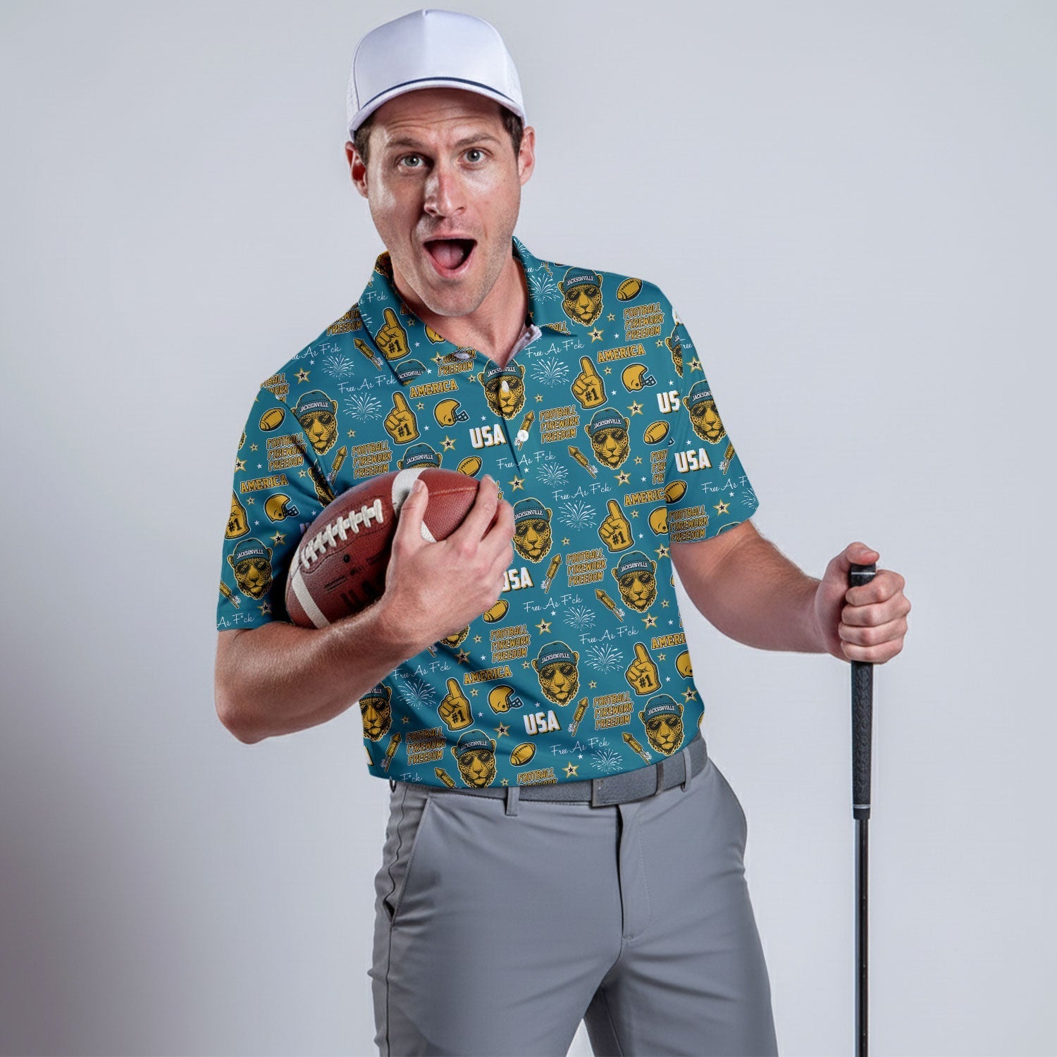 Anthropomorphic Jaguar Teal Black Gold Sport Polo, American Football League Gift Ideas For Football Fans