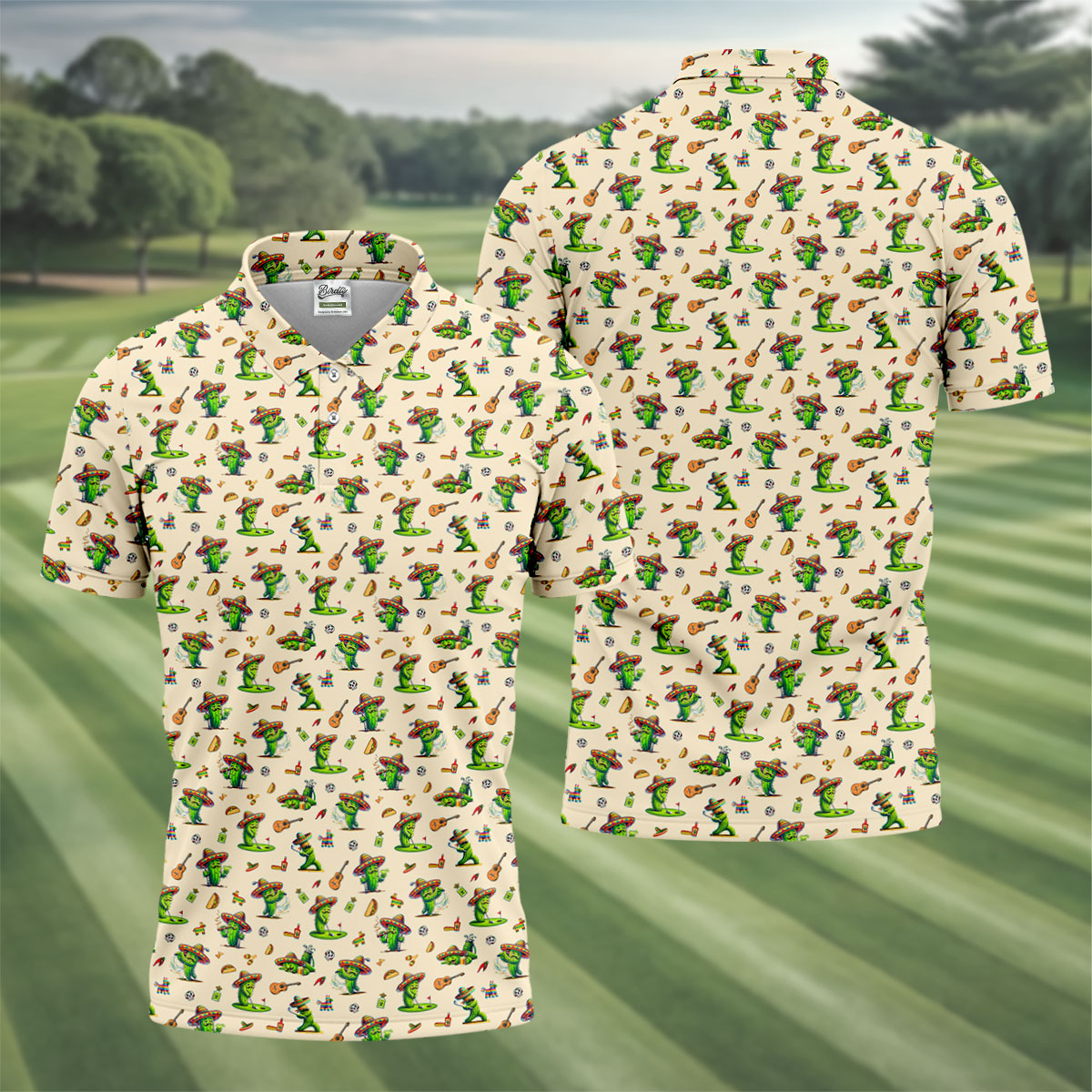 Cartoon Mustach Funny Cactus Cinco De Mayo Celebration Fiesta Themed Beige Golf Shirts For Men