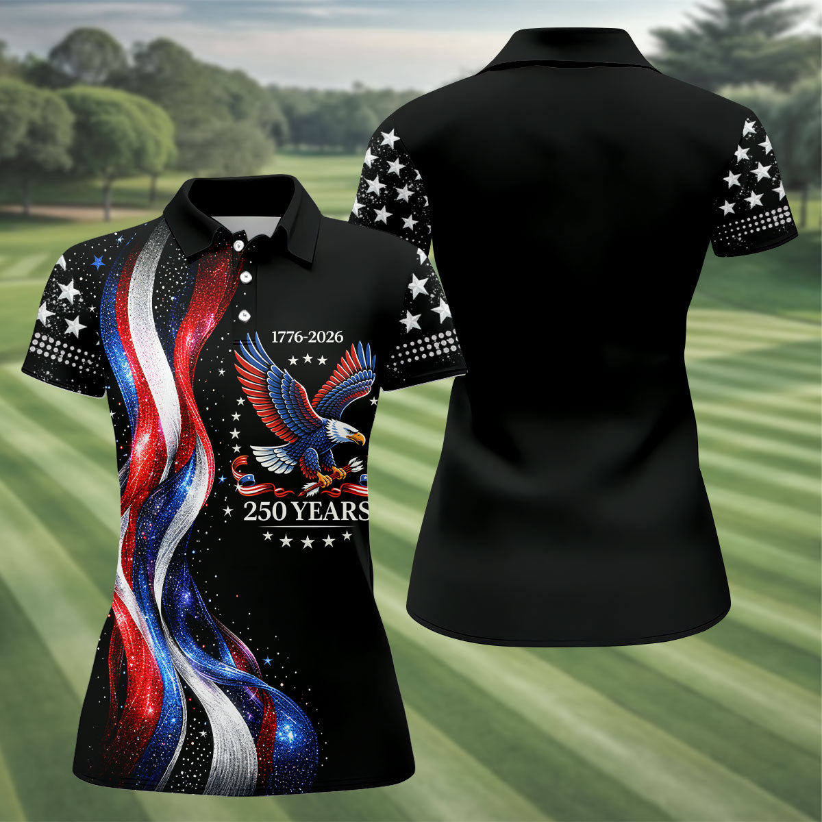 America Bald Eagle Red And White Striped Ribbon 4th Of July Golf Shirt, 250th Anniversary Golf Shirt For Women