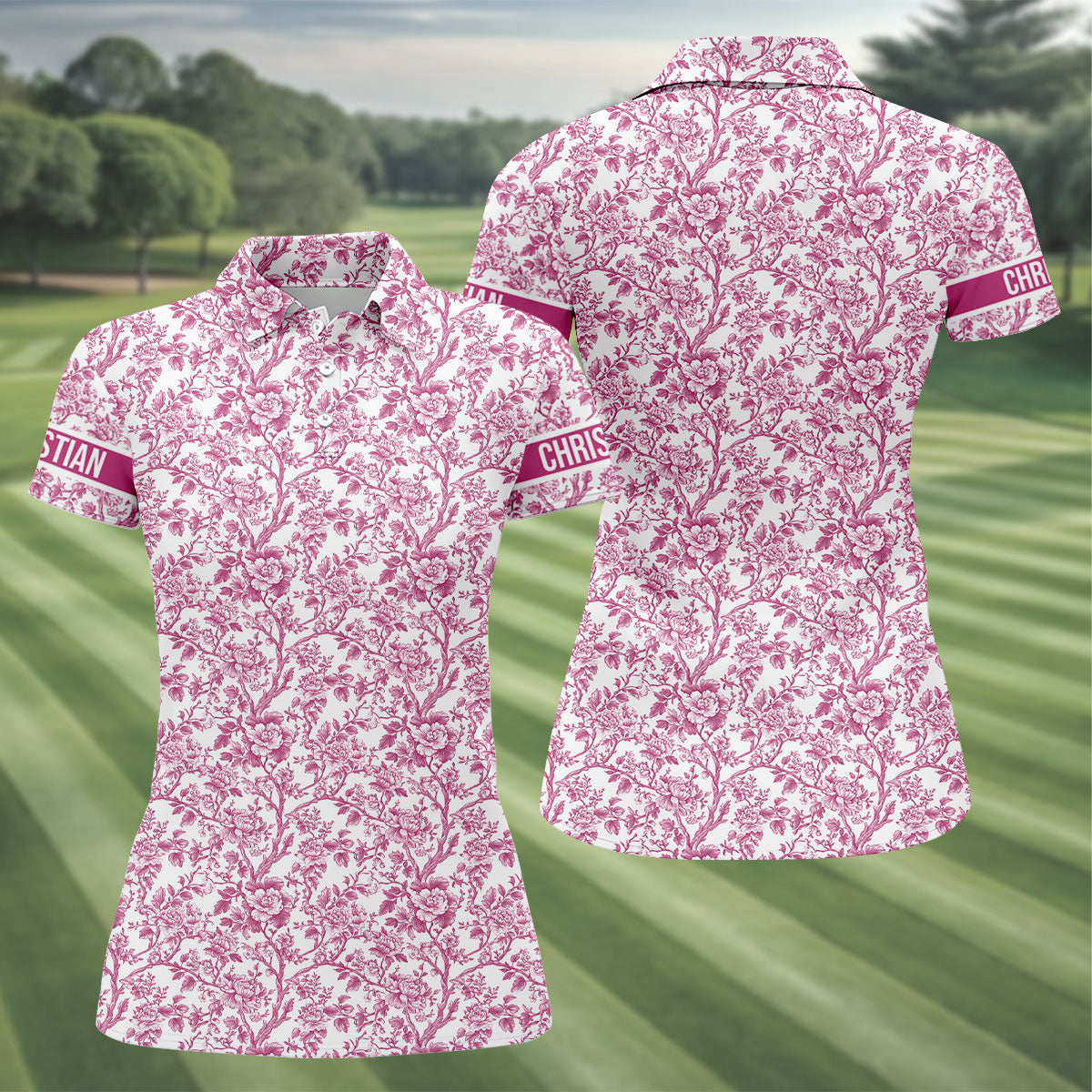 Toile De Jouy Pink Golf Shirt, Women's Golf Tops, Ladies Golf Shirts, Golf Gift For Ladies, Golf Shirt For Women